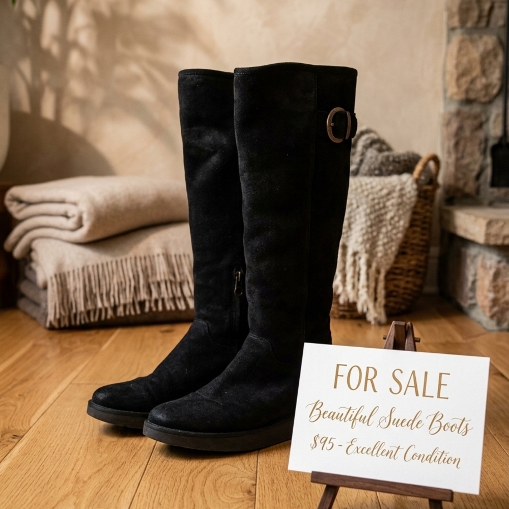 UGG Black Suede Knee-High Boots with Side Buckle